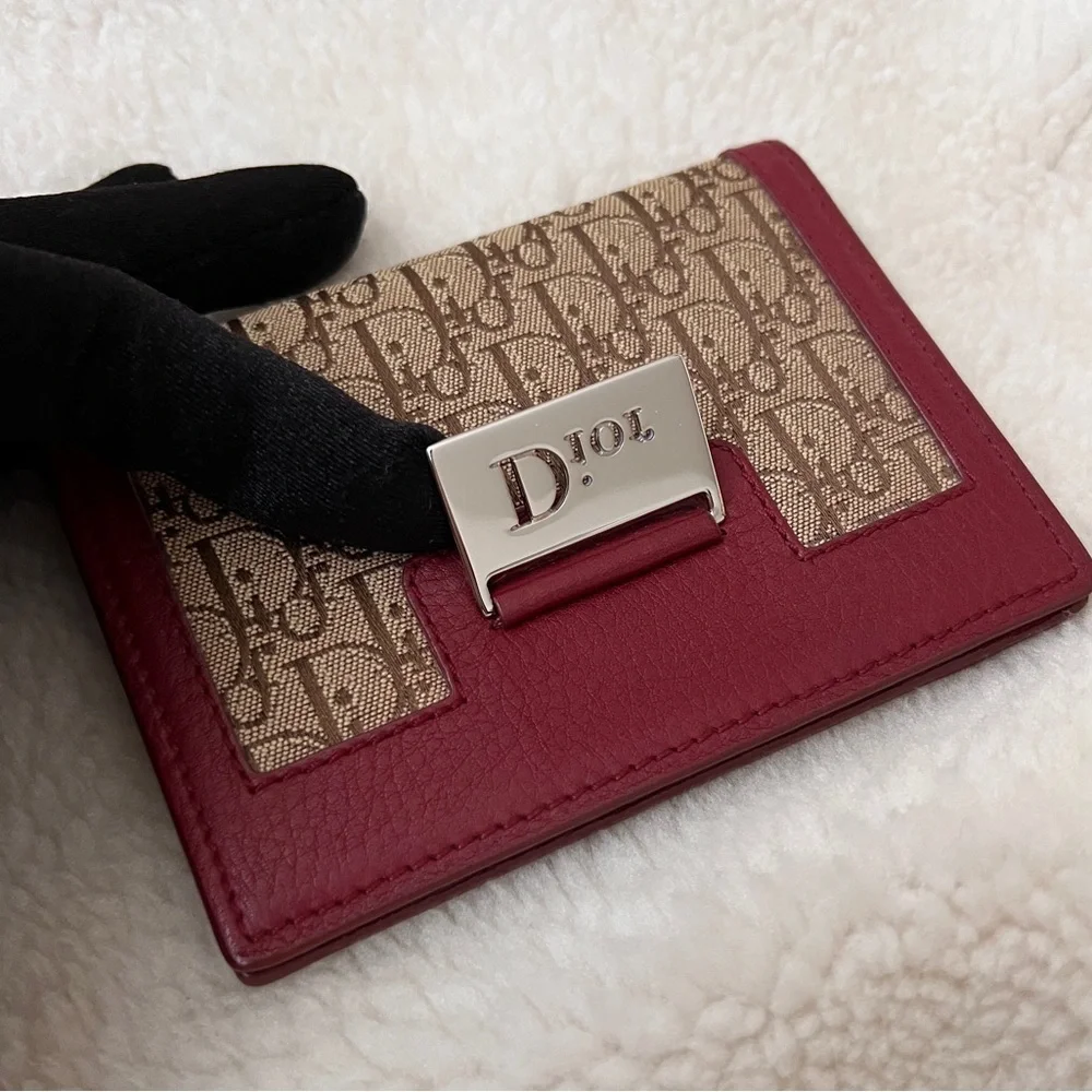 Auth Vintage Dior Oblique Logo Maroon Bi-Fold Card Case - Excellent Condition